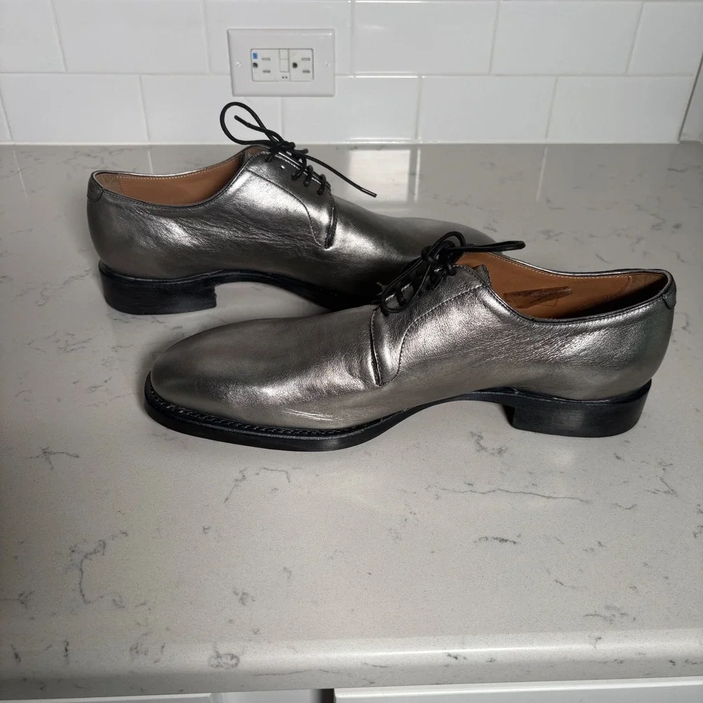 John Varvatos Mens Metallic Silver Leather Derby Buckle Shoes Size 11